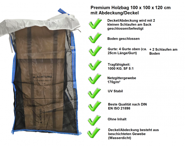 Premium Holzbag 100x100x120cm mit Deckel/Abdeckung